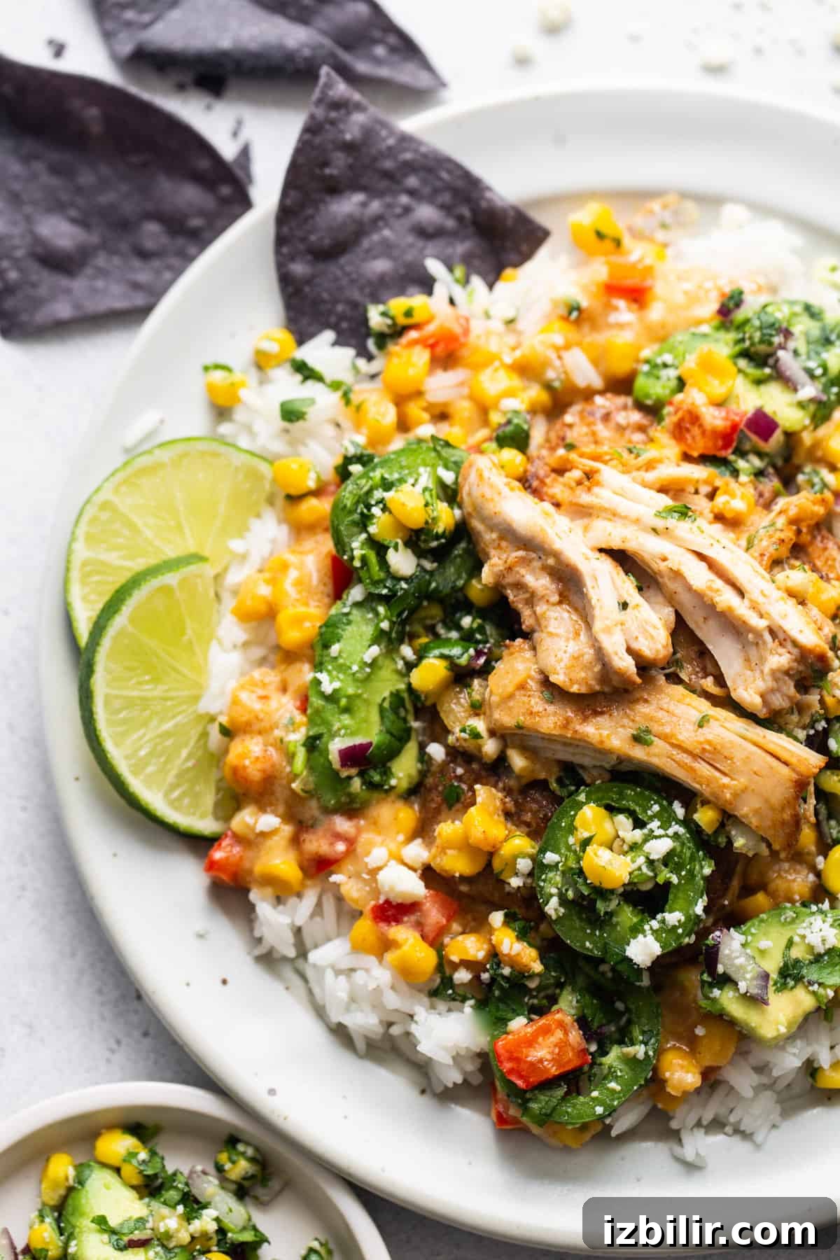 Stovetop Creamy Street Corn Chicken Skillet 3 A white plate with chicken and vegetables on it.