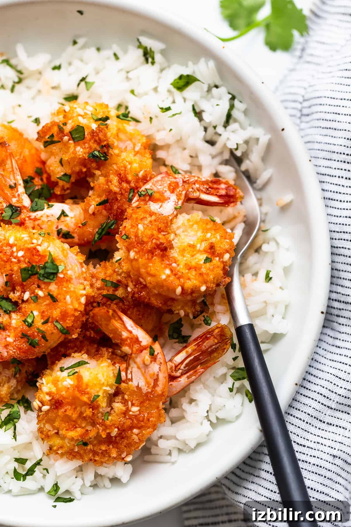 A bowl of shrimp and rice with a fork.