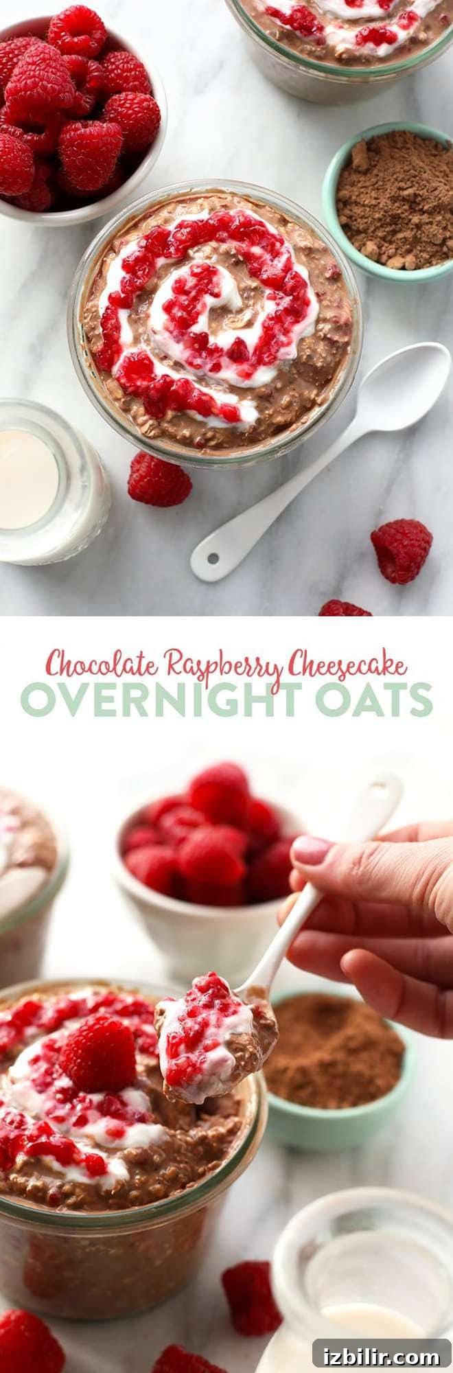 Chocolate raspberry overnight oats in jar topped with raspberries.