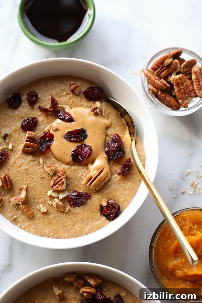 Creamy Spiced Pumpkin Oatmeal Recipe 2 Pumpkin pie slow cooker oatmeal in a bowl, topped with pecans and dried cranberries.