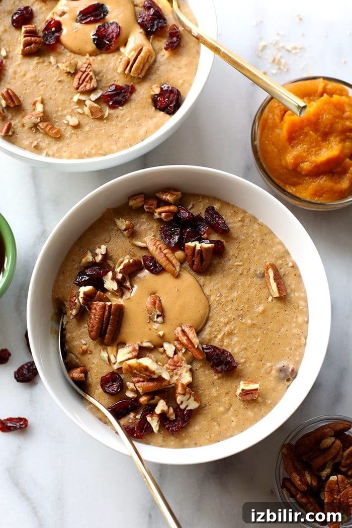 Creamy Spiced Pumpkin Oatmeal Recipe 3 Close-up of creamy pumpkin slow cooker oatmeal, garnished with pecans.