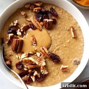 Creamy Spiced Pumpkin Oatmeal Recipe 5 Slow cooker oatmeal with cranberries and pecans, ready to serve.