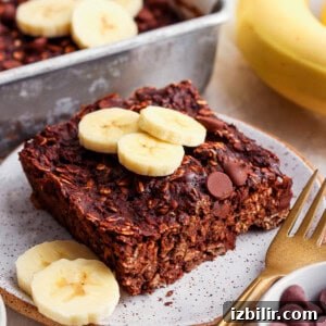 A plate of chocolate banana granola with banana slices on it.