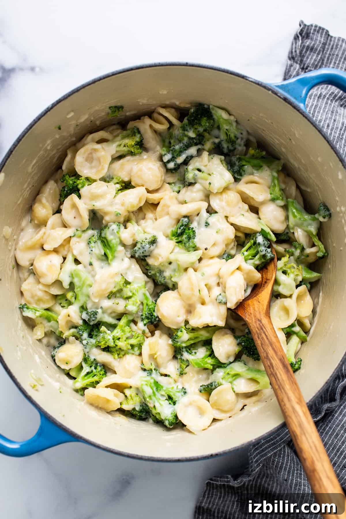 A pot of pasta with broccoli and cheese in it.