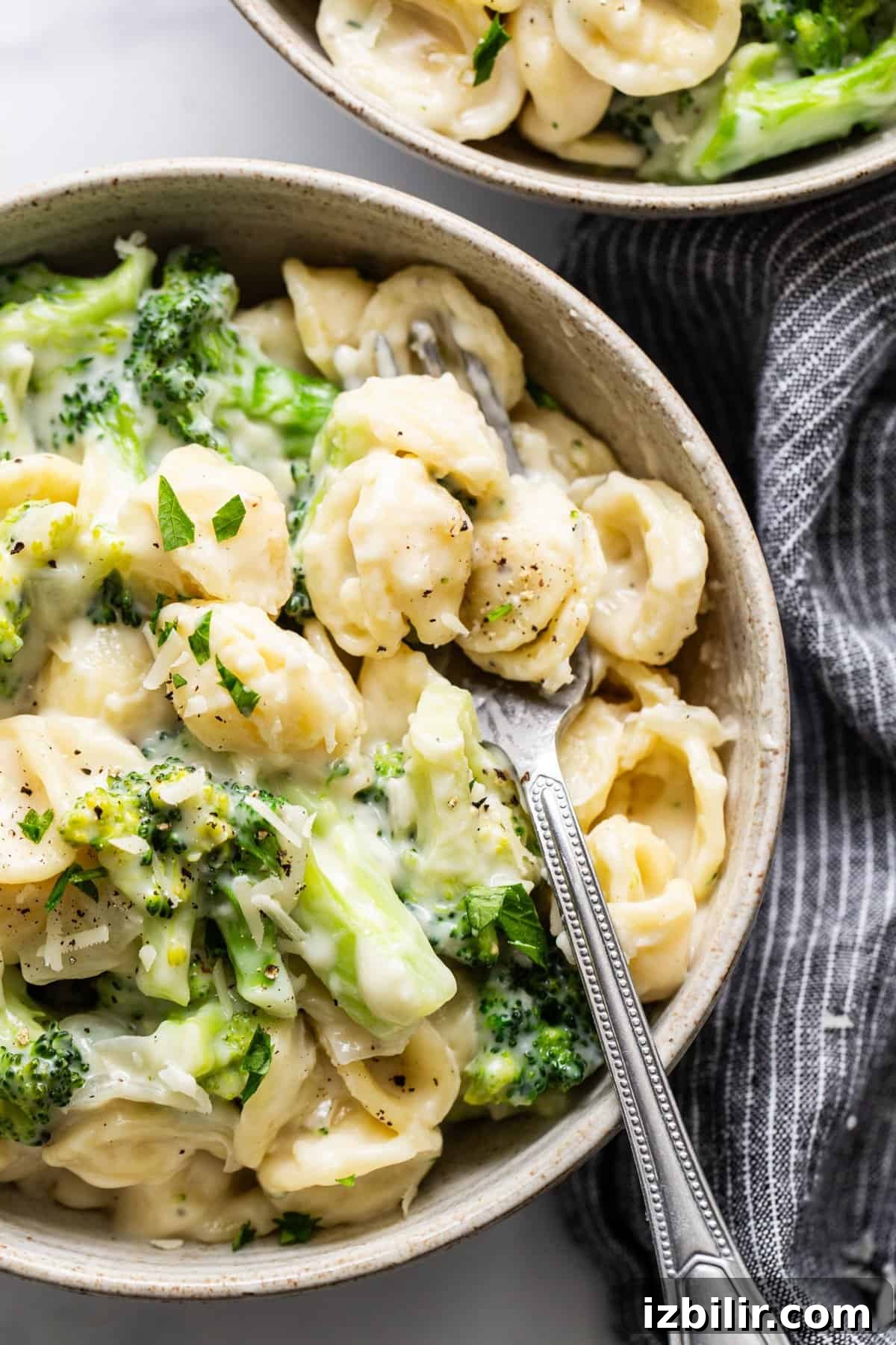 Two bowls of pasta with broccoli and cheese.