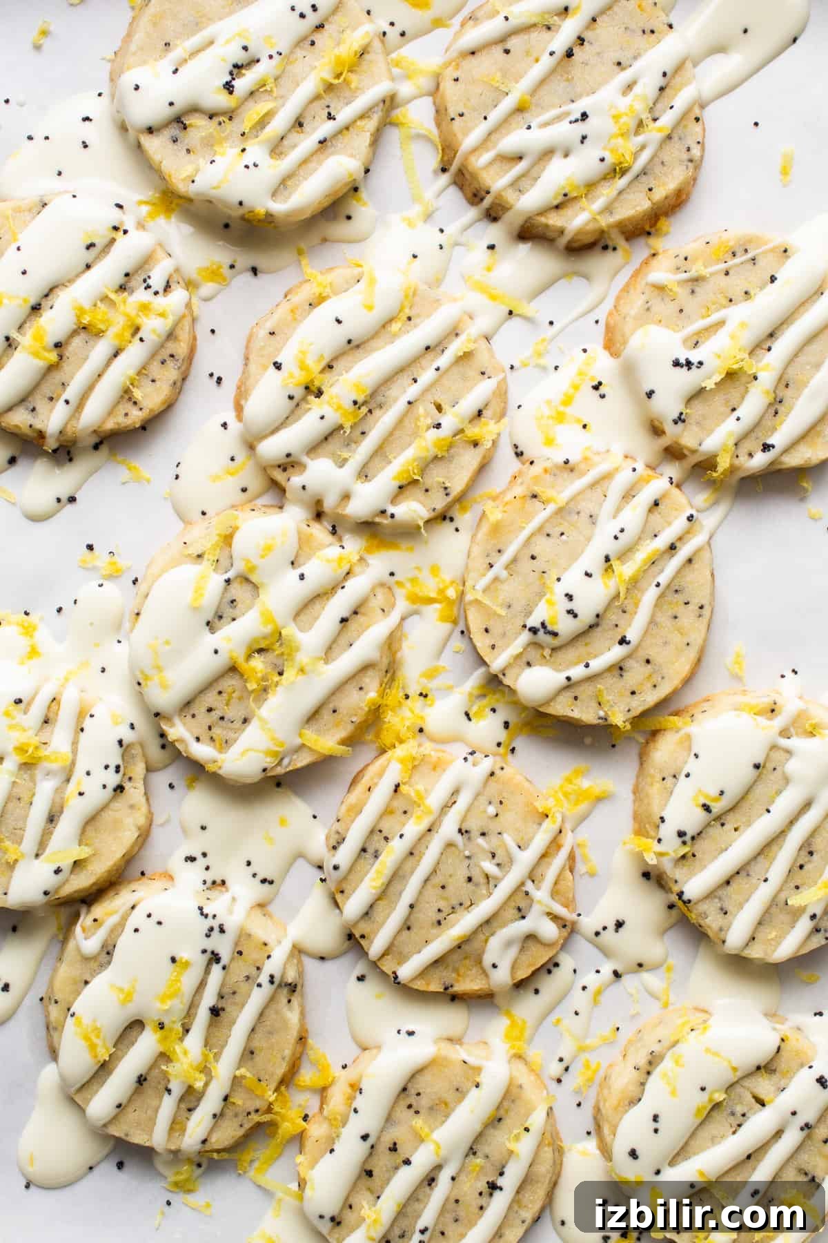 Zesty Lemon Poppy Seed Shortbread Cookies Recipe 4 A group of cookies with white frosting.