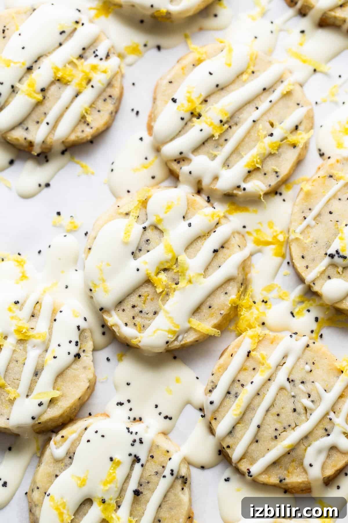 Zesty Lemon Poppy Seed Shortbread Cookies Recipe 5 A group of cookies with white frosting.