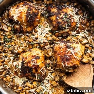 Broiled chicken and mushrooms in a pan.