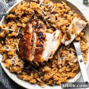 Finished chicken risotto with mushrooms and thyme.