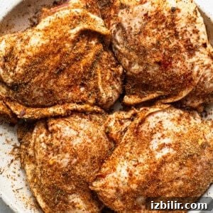 Seasoned chicken thighs on a plate.