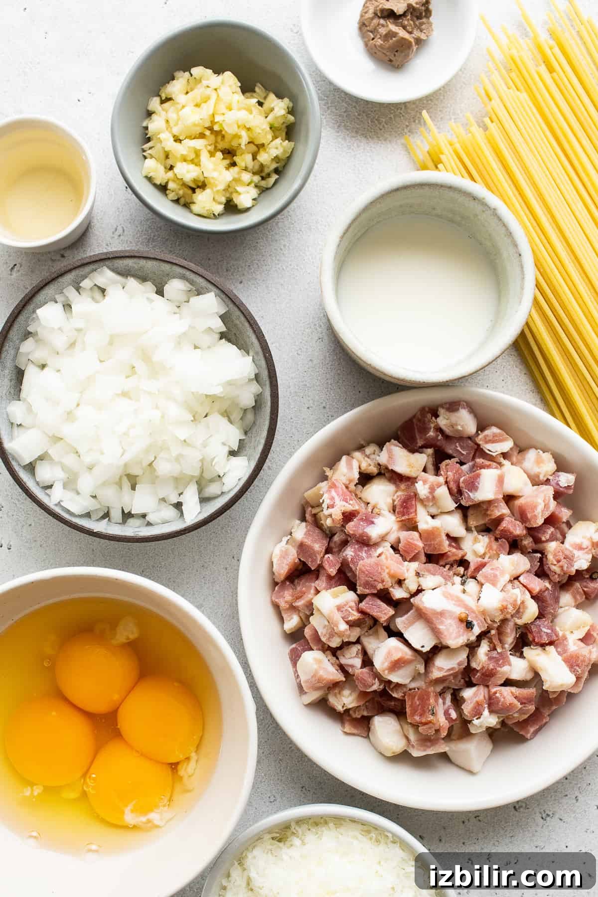 Classic Creamy Carbonara Recipe 3 Ingredients for spaghetti and meatballs on a white background.