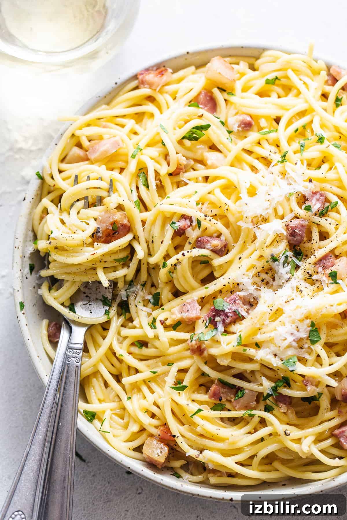 Classic Creamy Carbonara Recipe 7 A plate of spaghetti with bacon and parmesan.