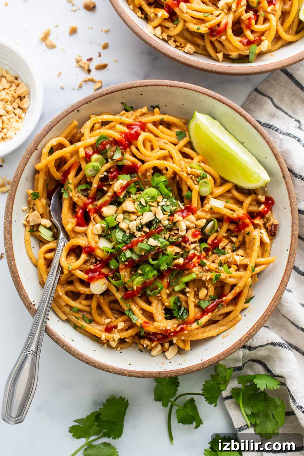 20-Minute Thai Peanut Noodles with Creamy Sauce 2 Two bowls of asian noodles with peanut sauce.