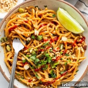 20-Minute Thai Peanut Noodles with Creamy Sauce 7 Thai peanut noodles in a bowl with lime and peanuts.