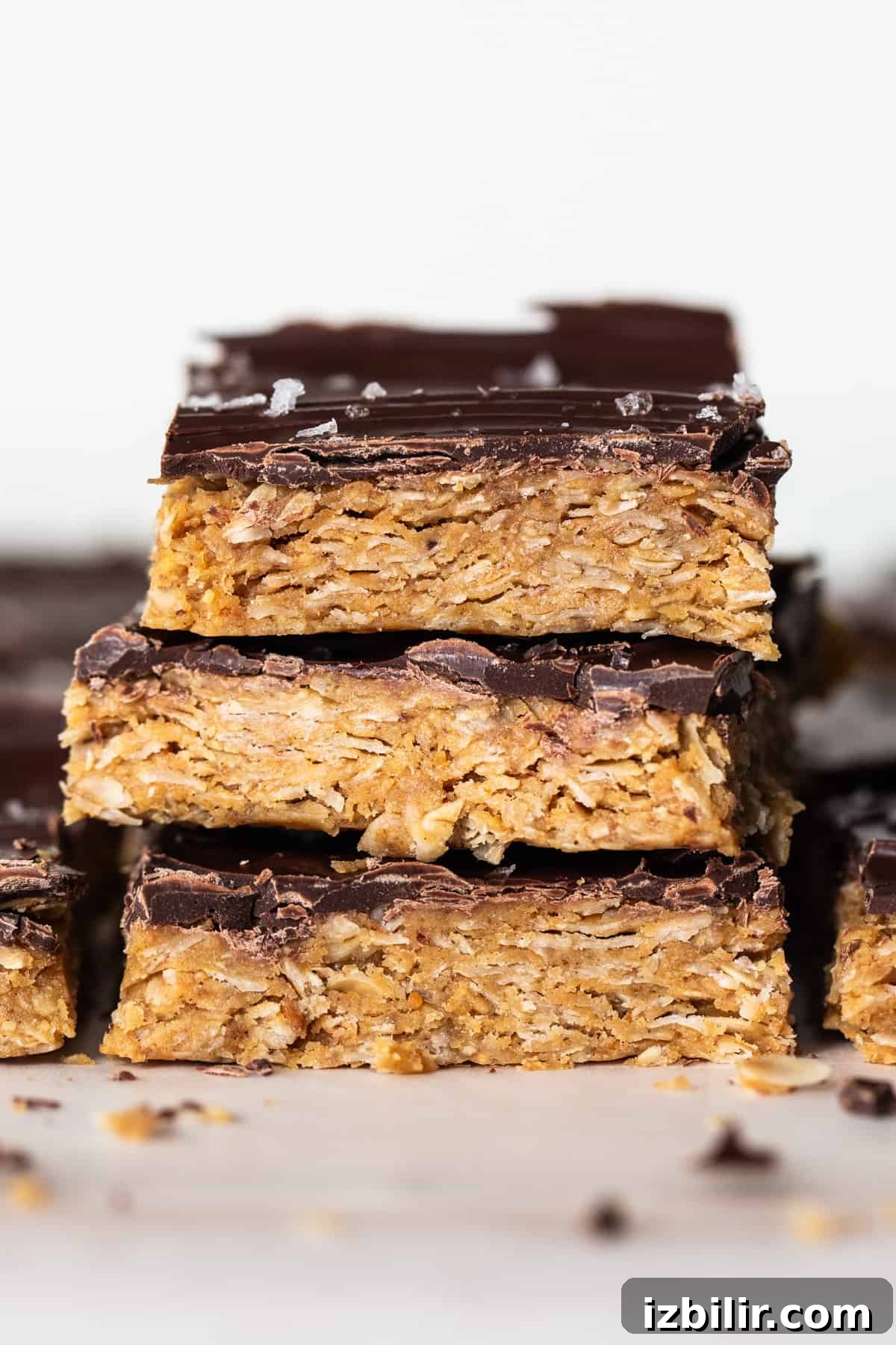 A stack of chocolate oatmeal bars on top of each other.