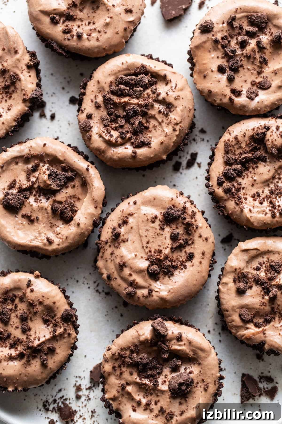 Thin Mint Chocolate Protein Mousse Cups 5 Chocolate cupcakes with chocolate frosting on a white plate.