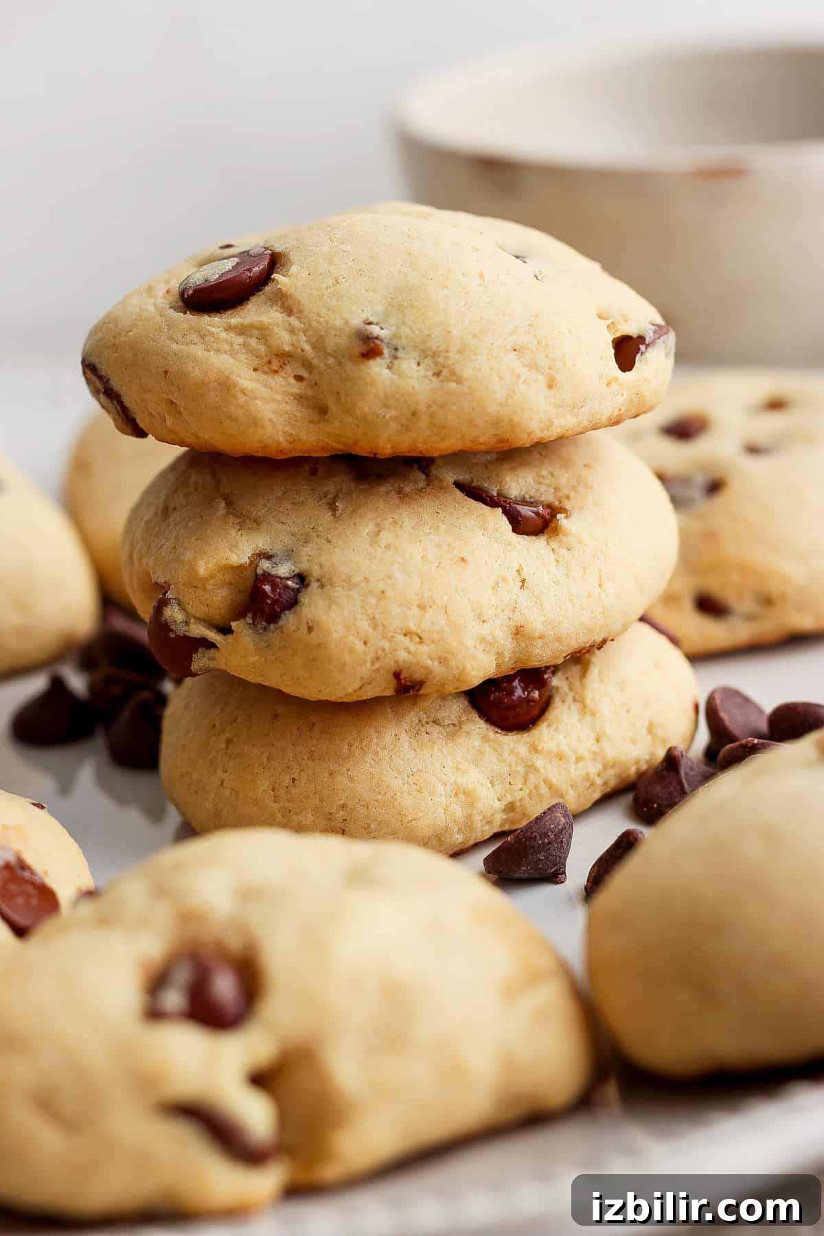 Chewy Chocolate Chip Cookies with Cottage Cheese 5 A stack of chocolate chip cookies on a plate.