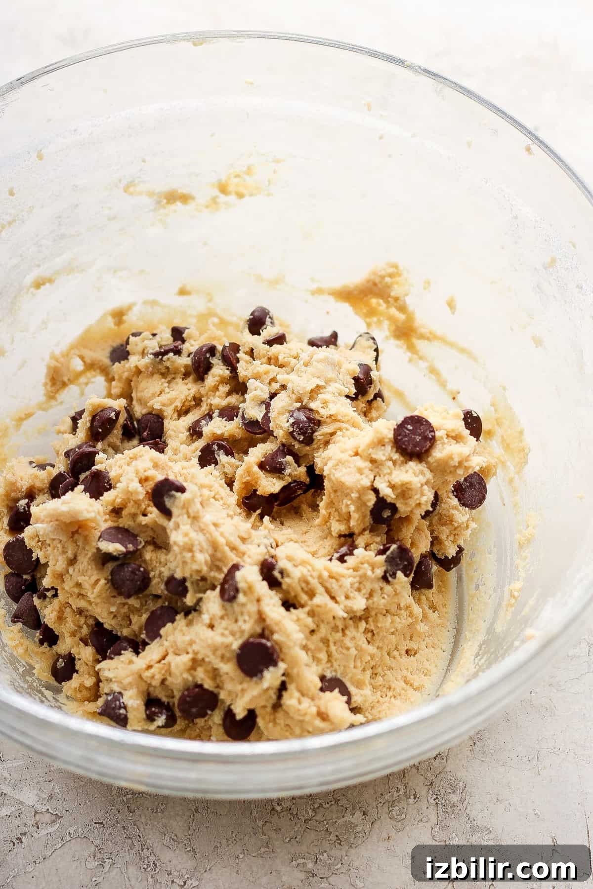 Chewy Chocolate Chip Cookies with Cottage Cheese 4 Chocolate chip cookie dough in a bowl.