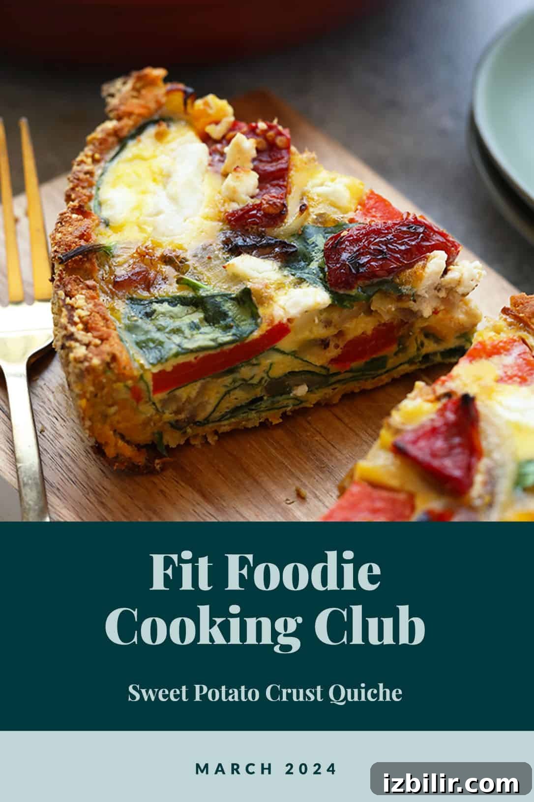 A slice of sweet potato crust quiche garnished with spinach and red peppers, presented as part of the fit foodie cooking club for march 2024.