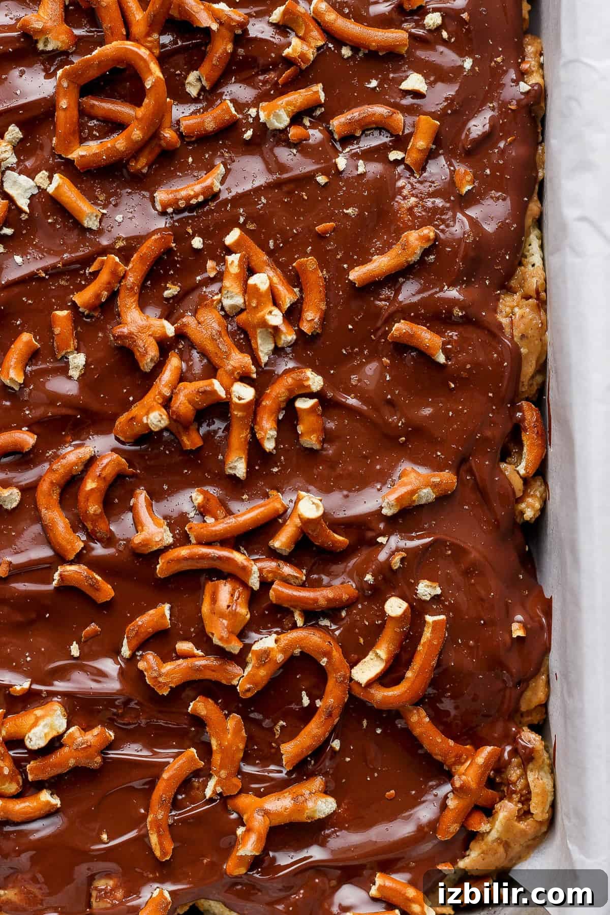 A tray of chocolate-covered toffee topped with pretzels.