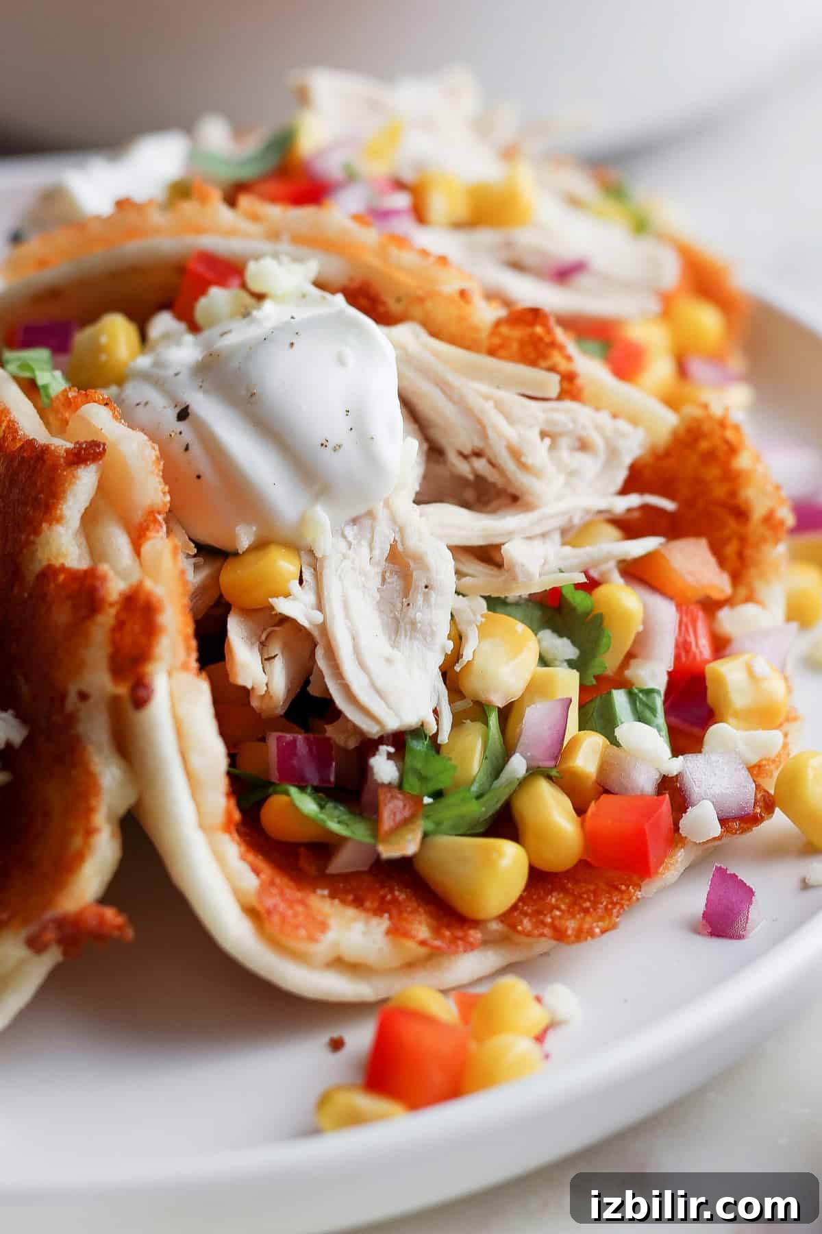 Crispy Chicken Tacos with Cotija Cheese and Lime 5 Plate with chicken tacos garnished with corn, diced tomatoes, onions, fresh cilantro, and a dollop of sour cream.
