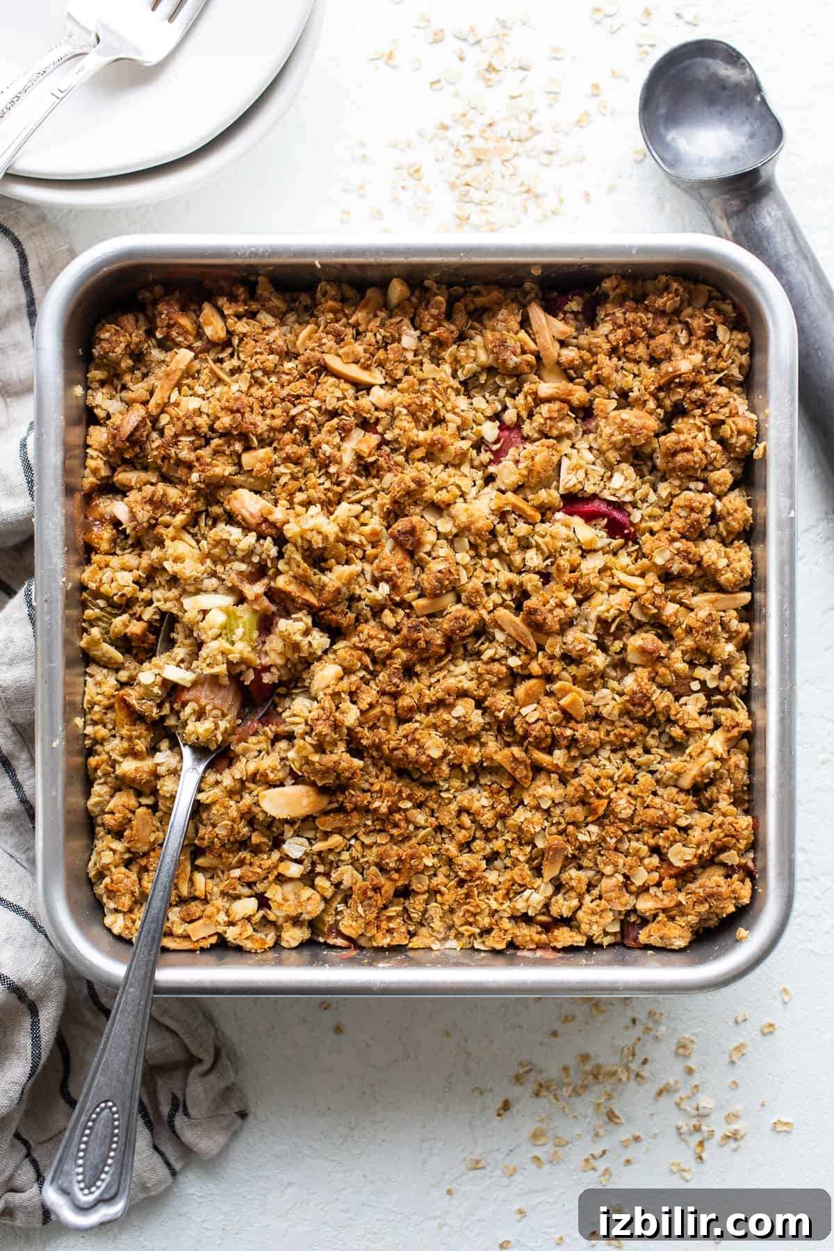 Honey Rhubarb Crisp Recipe with Brown Butter Oat Topping 5 Baking dish with crisp topped and ready to bake