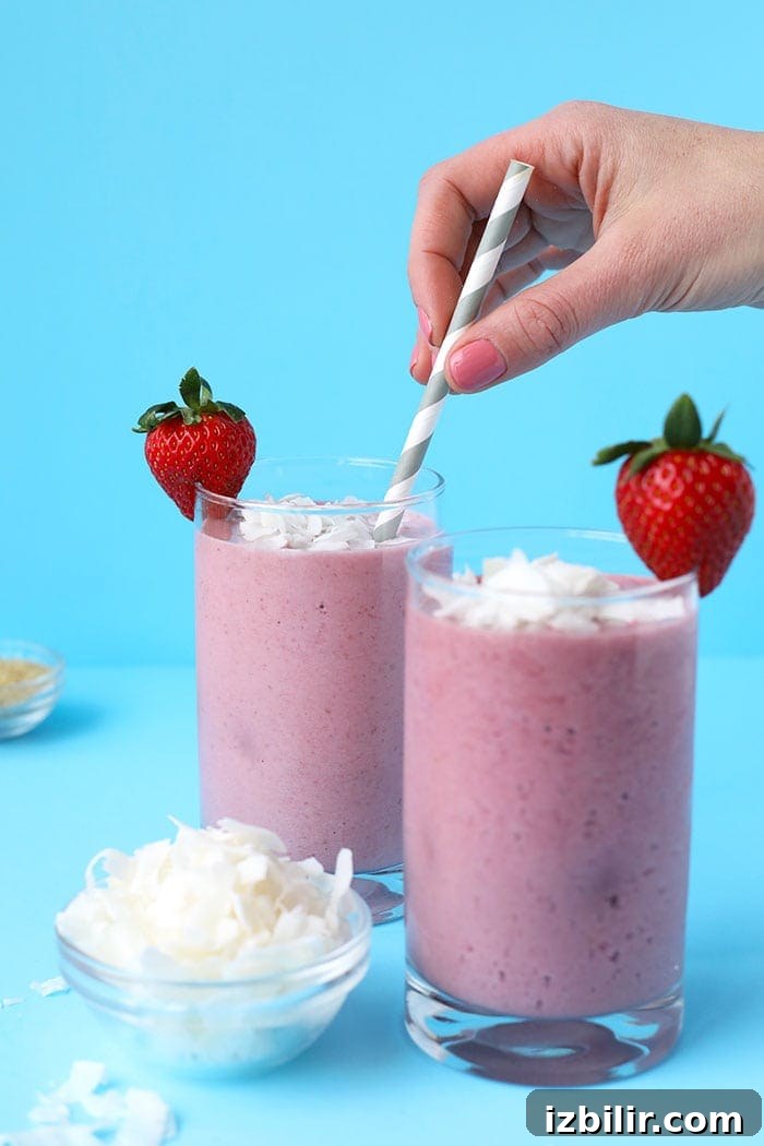 Try this post-workout strawberry coconut protein smoothie after a tough sweat session for a delicious, refreshing way to get an extra boost of fiber and protein!