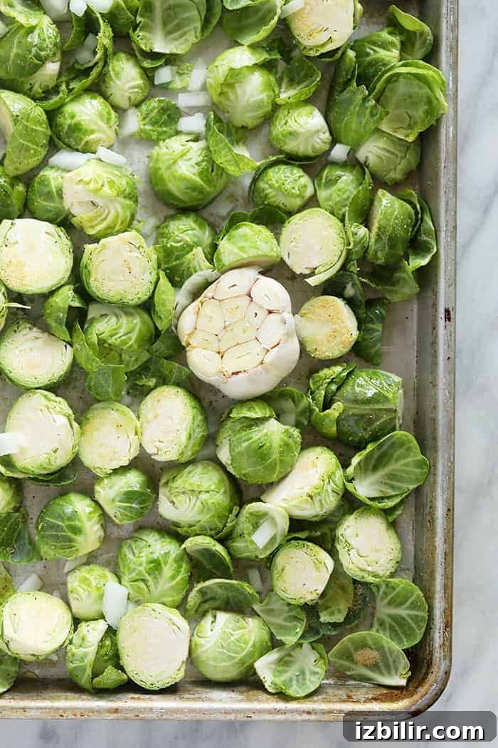 raw Brussels sprouts on sheet pan