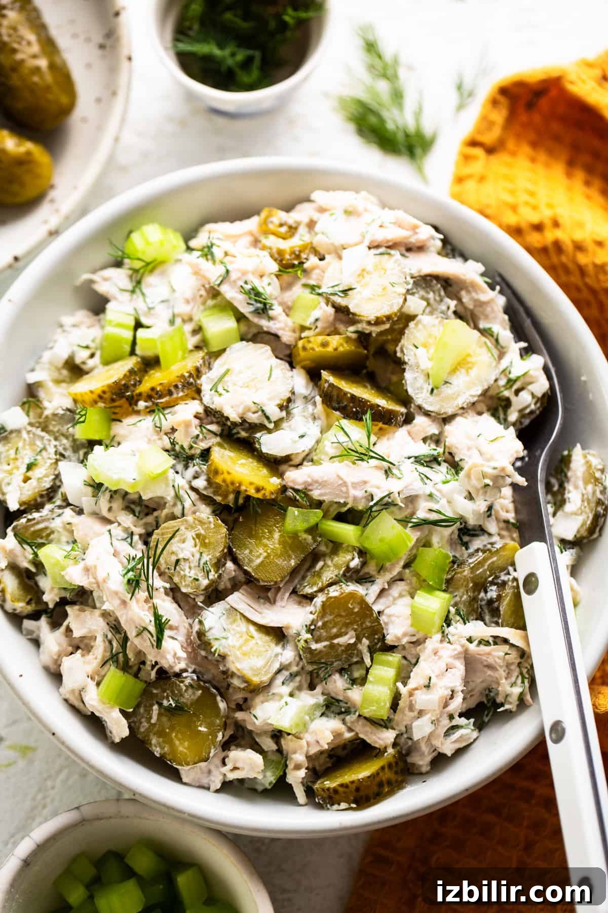 Tangy Dill Pickle Chicken Salad Recipe 2 Chicken and pickle salad garnished with dill in a serving dish.