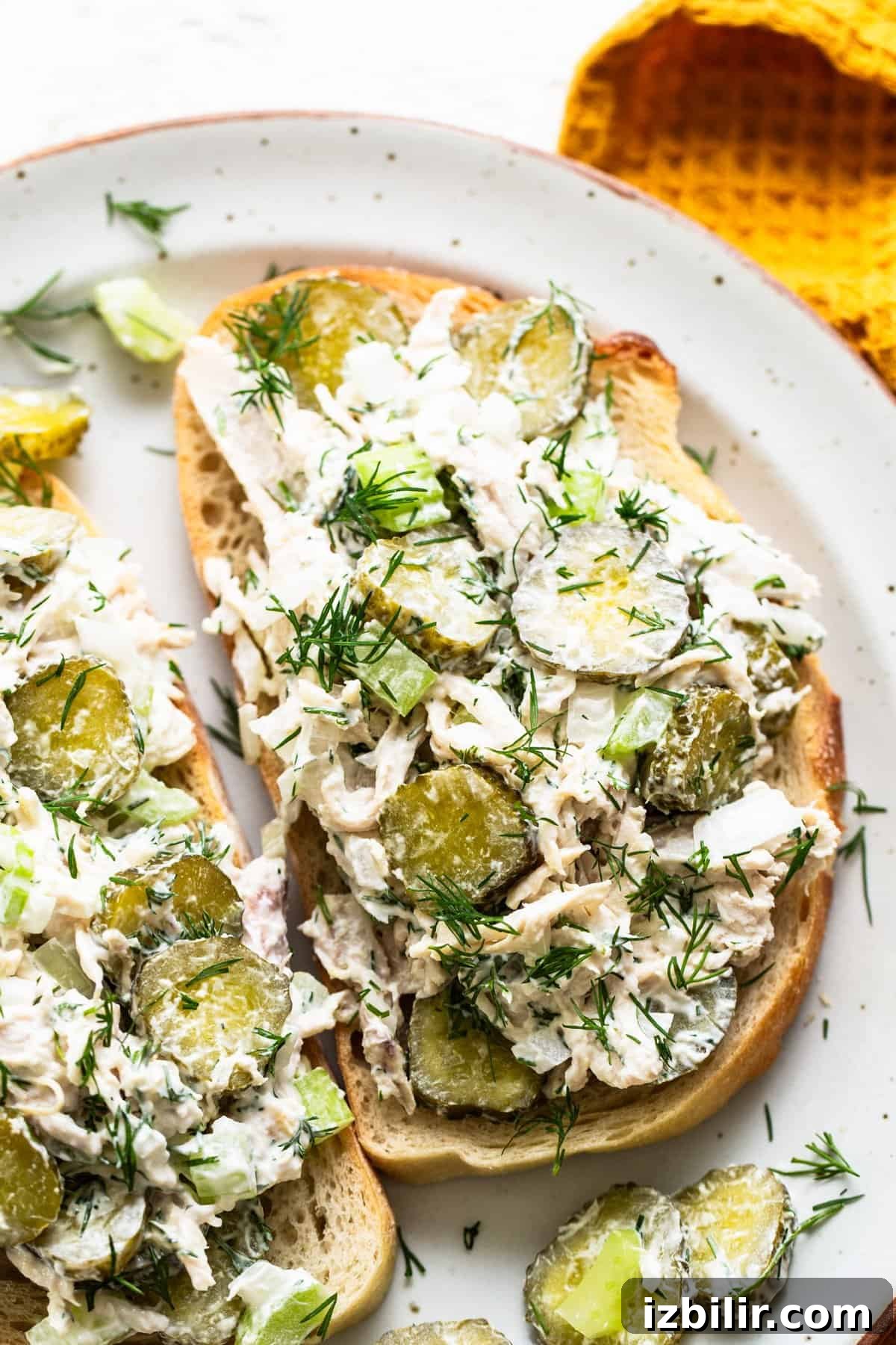 Tangy Dill Pickle Chicken Salad Recipe 7 Chicken salad with pickles and dill on toasted bread.