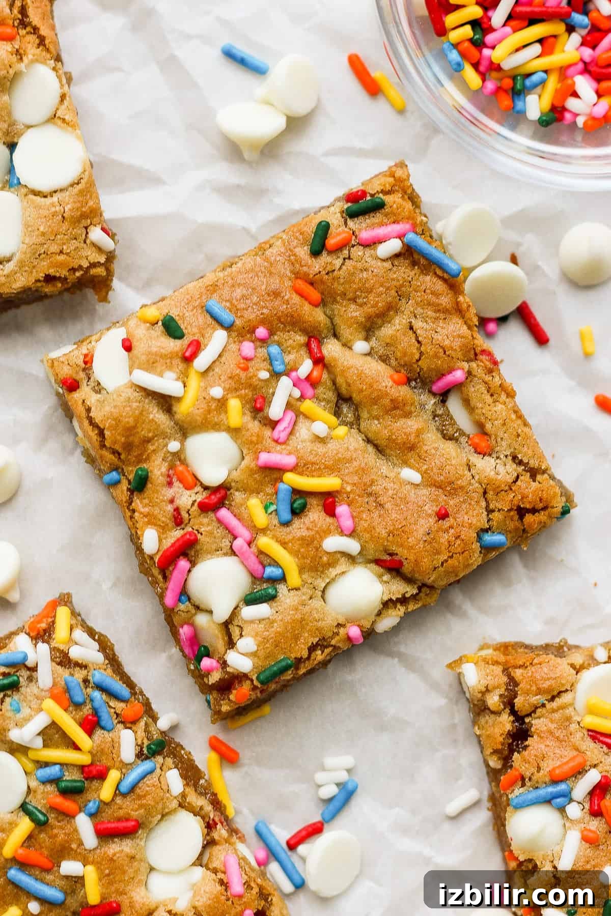 White Chocolate Funfetti Blondies Recipe 2 Cookie bars with sprinkles and sprinkles.