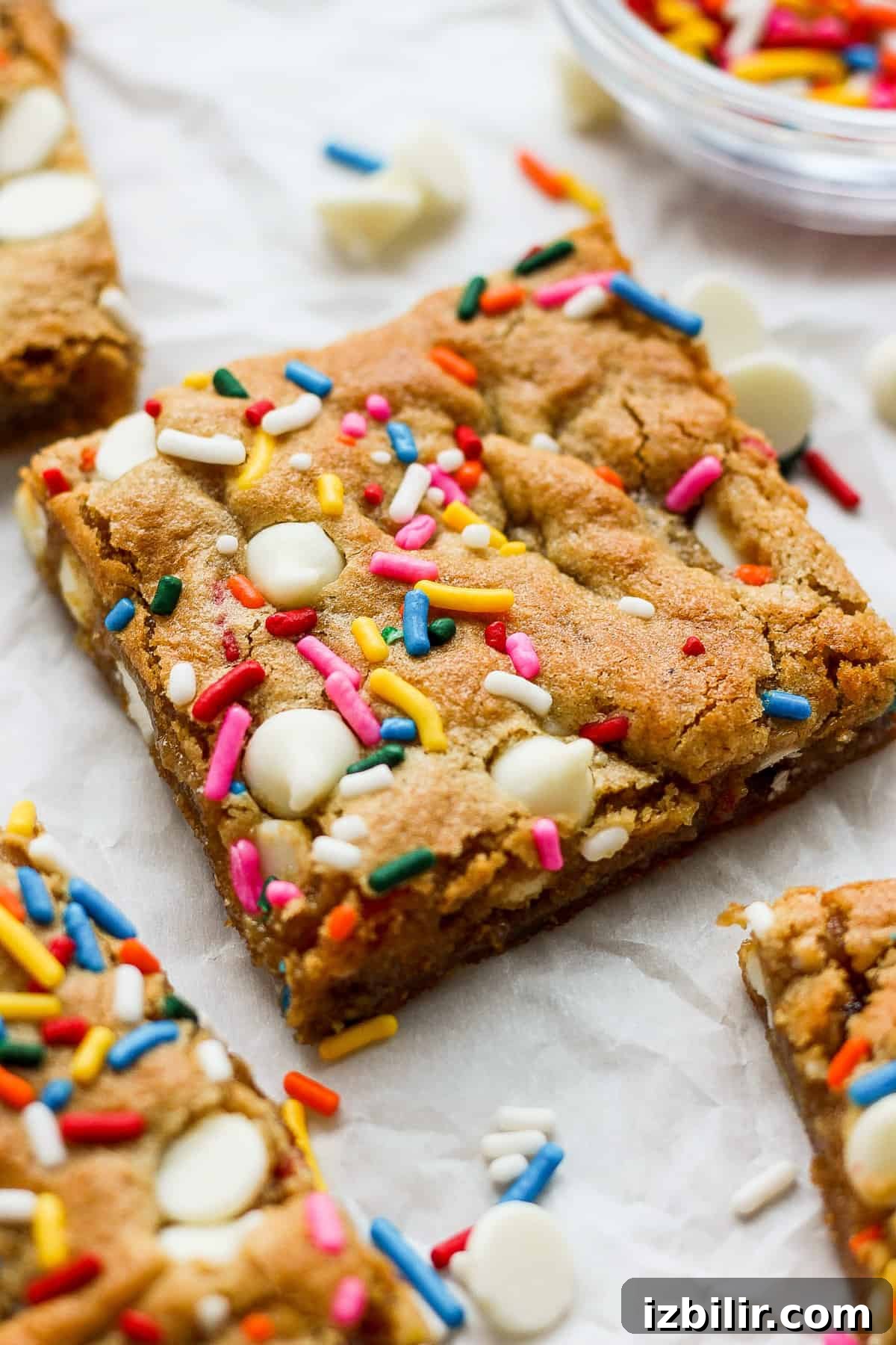White Chocolate Funfetti Blondies Recipe 5 Cookie bars with sprinkles and icing.