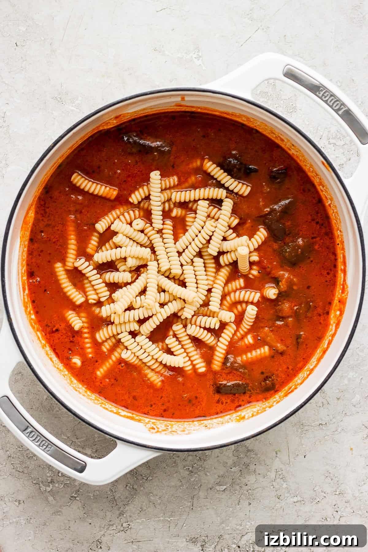 Creamy One-Pot Vodka Pasta Recipe 4 Pot of tomato soup with pasta on a kitchen counter.
