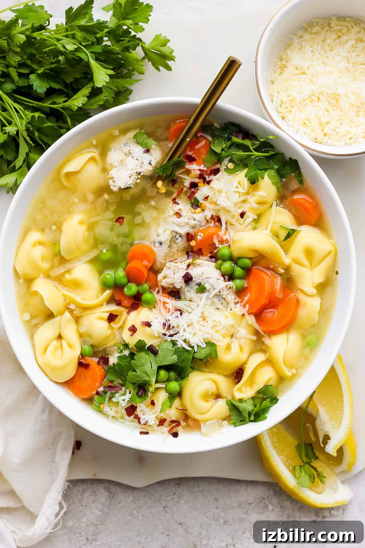 One-Pot Creamy Lemon Tortellini Soup with English Peas 2 A bowl of chicken noodle soup garnished with parsley, shredded cheese, and a sprinkle of red pepper flakes, served with lemon wedges on the side.