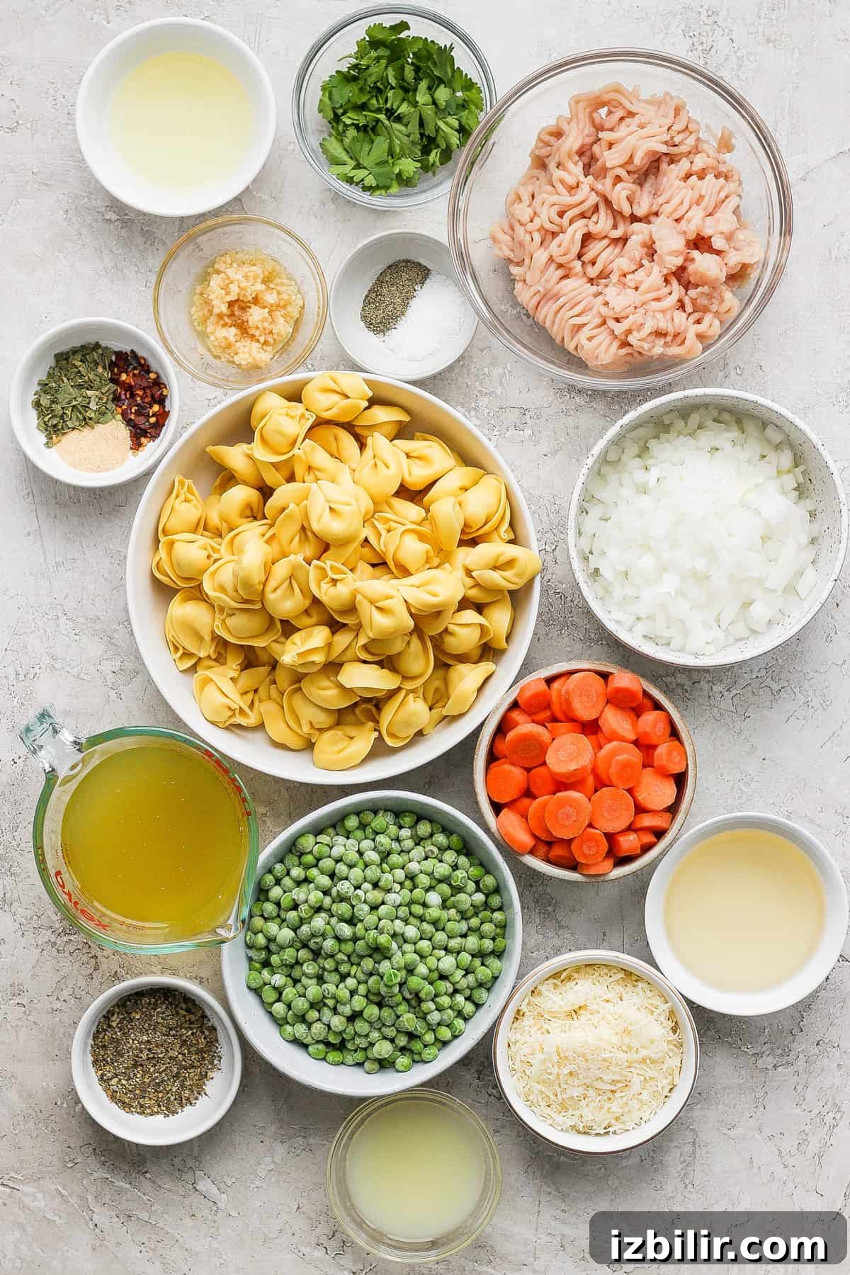 One-Pot Creamy Lemon Tortellini Soup with English Peas 3 Assorted ingredients for cooking laid out on a surface, including pasta, vegetables, ground meat, spices, and broth.