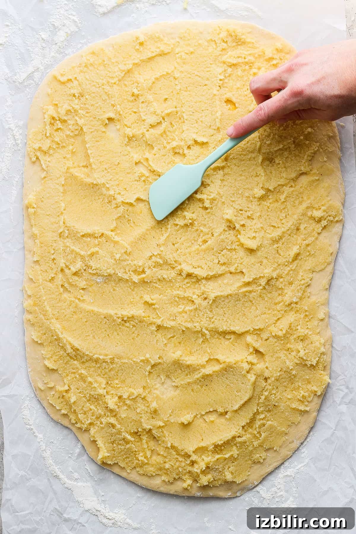 Almond filling spread on dough