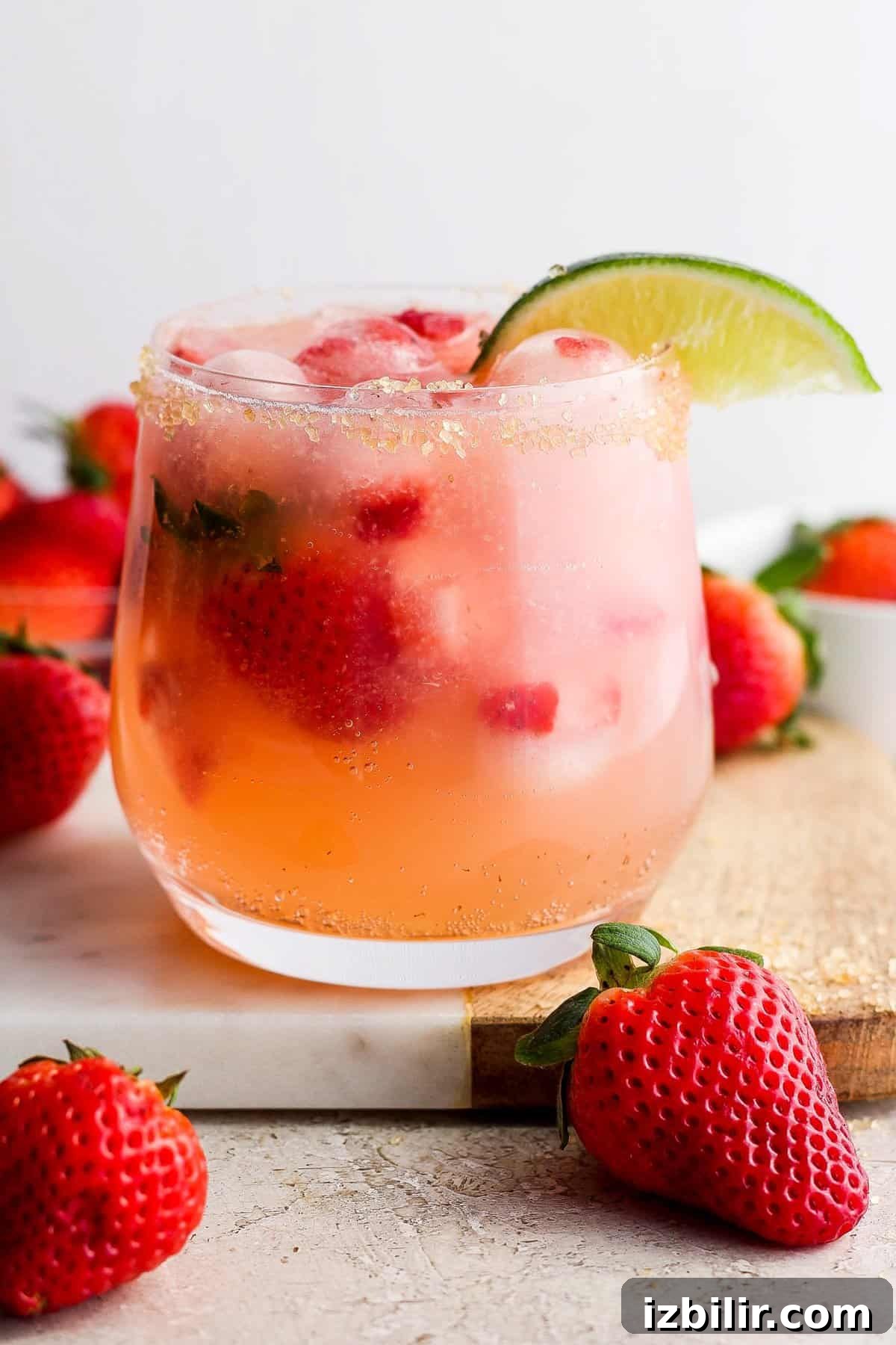 A refreshing strawberry cocktail garnished with lime, served on a coaster with fresh strawberries around it.