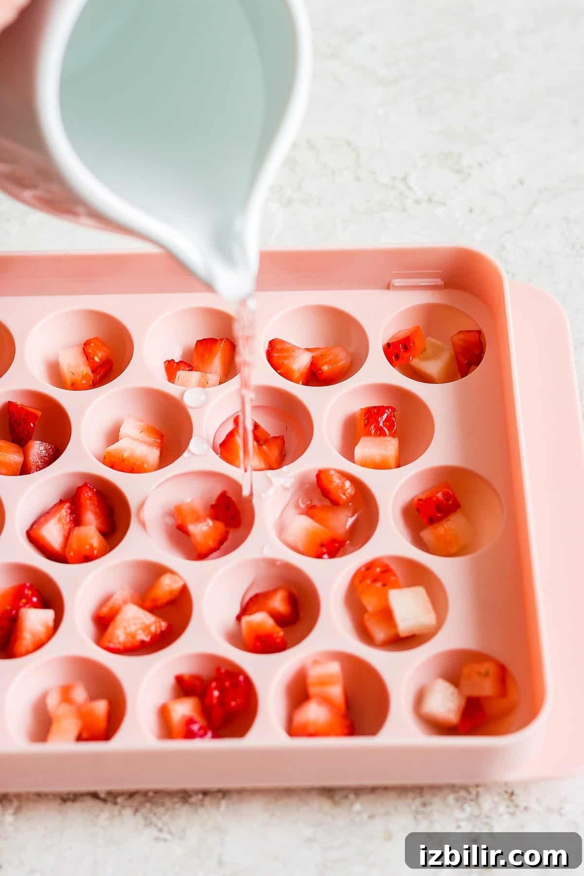 Pouring liquid into an ice cube tray filled with diced strawberries.