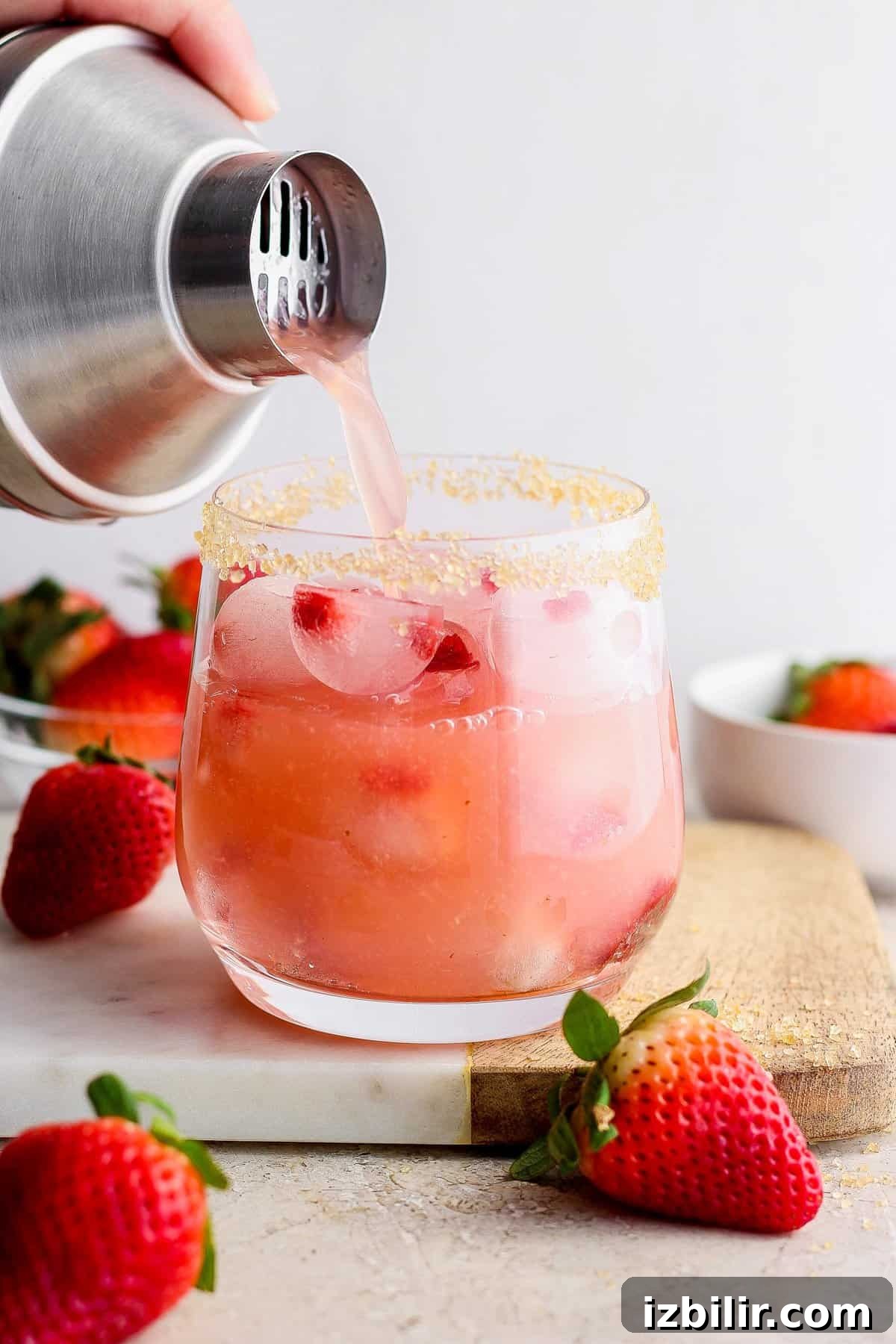 Pouring a beverage into a glass rimmed with sugar, accompanied by fresh strawberries.