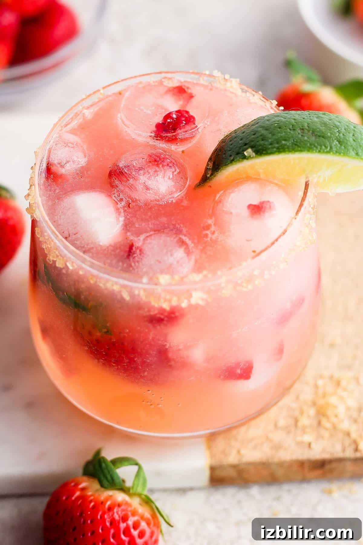 A refreshing strawberry cocktail garnished with a lime slice and served over ice.