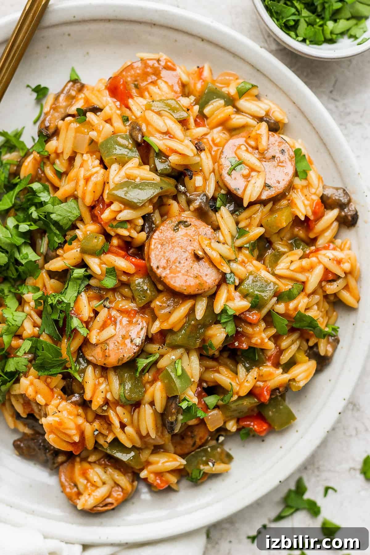 A plate of sauteed rice with sausage and vegetables.
