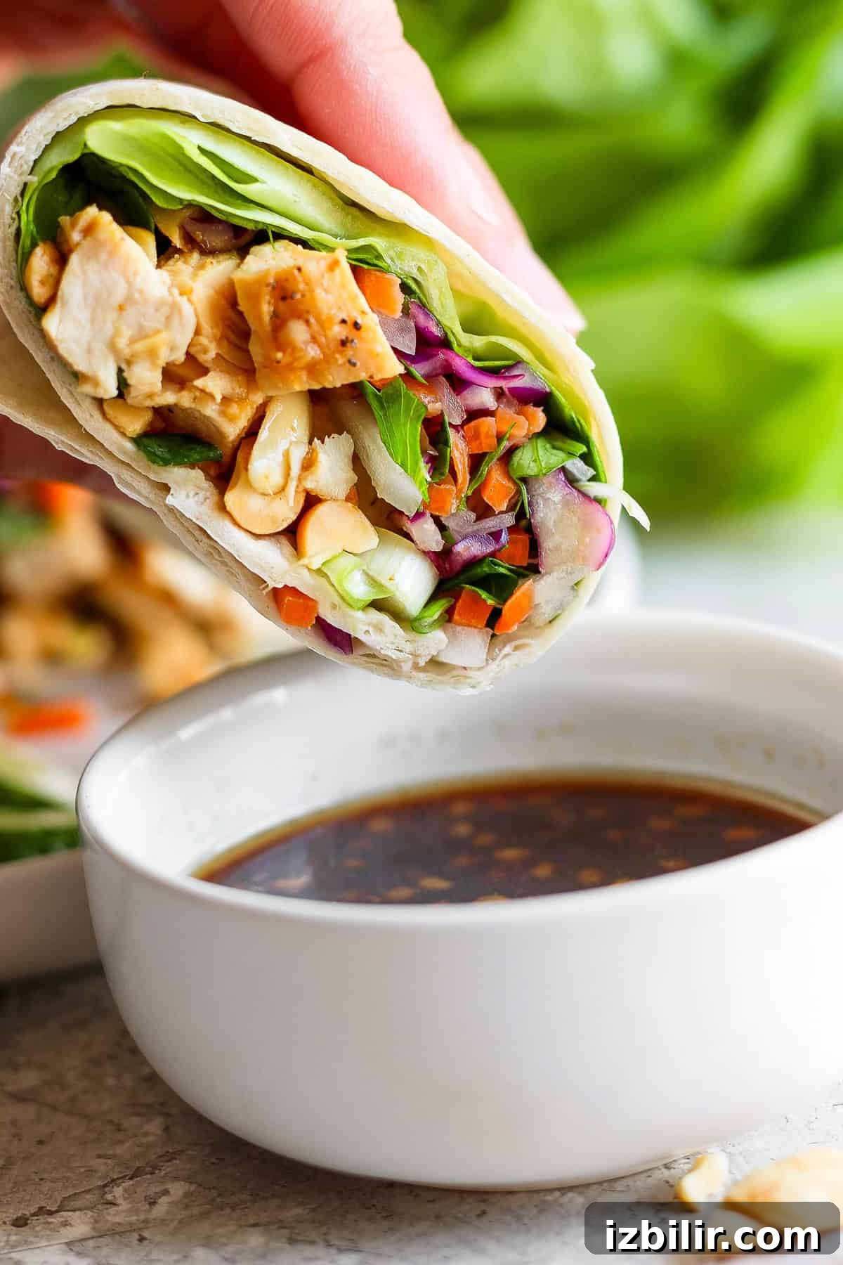 Peanut Chicken Wrap Recipe with Crunchy Slaw 6 Spring roll-style wrap with dipping sauce