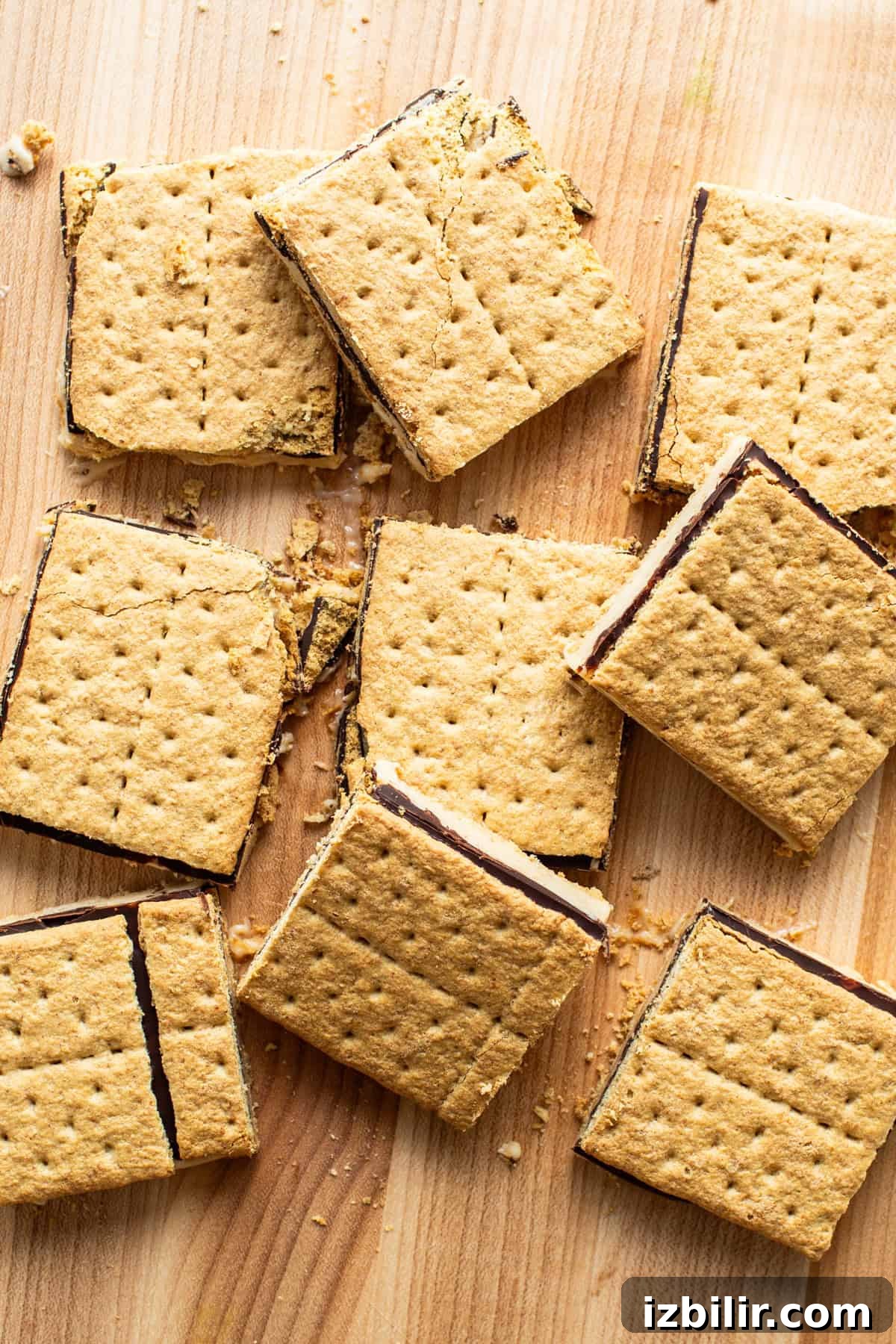 Smores bars with a gooey chocolate filling, scattered on a wooden surface.