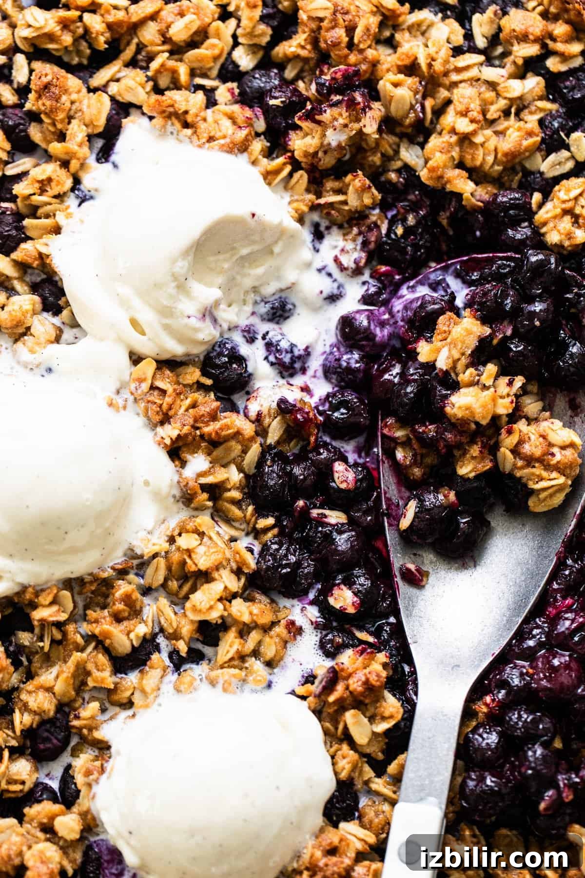 Sheet Pan Blueberry Crisp Recipe 5 Baked blueberry crumble with scoops of vanilla ice cream.