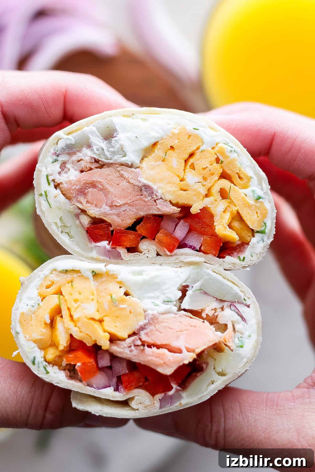 Halved smoked salmon burrito