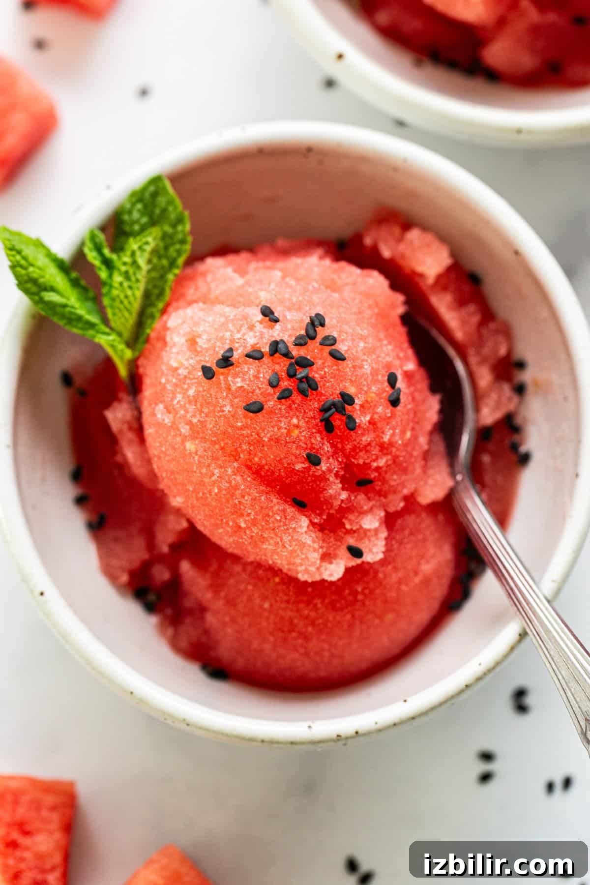 A bowl of watermelon sorbet garnished with mint leaves and black sesame seeds, accompanied by a spoon, on a light surface.