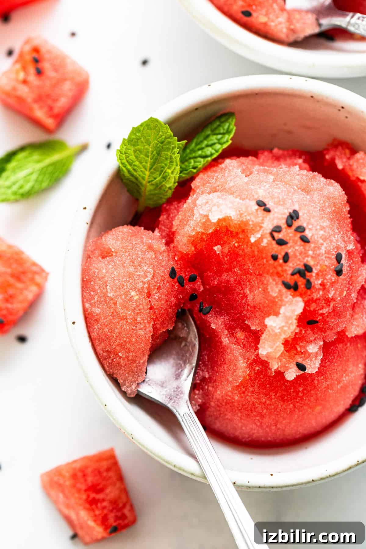Bowl of watermelon sorbet garnished with mint leaves and black sesame seeds, with a spoon and scattered watermelon pieces around on a white background.