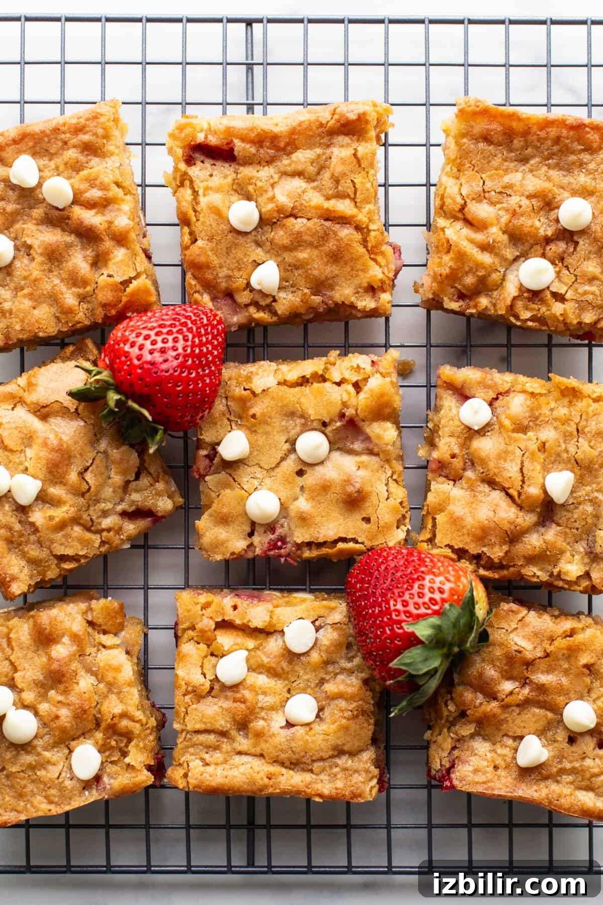 White Chocolate Strawberry Blondies Recipe 2 Nine square pieces of strawberry blondies with white chocolate chips and fresh strawberries rest on a cooling rack.