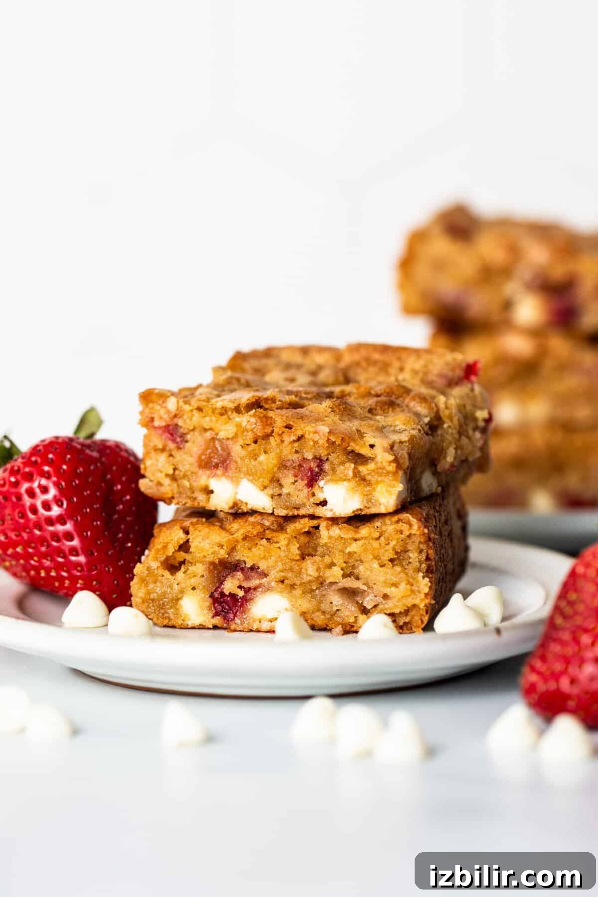 White Chocolate Strawberry Blondies Recipe 6 Close-up of two stacked strawberry blondies with visible strawberries and white chocolate chips on a small plate, accompanied by whole strawberries and scattered white chocolate chips.