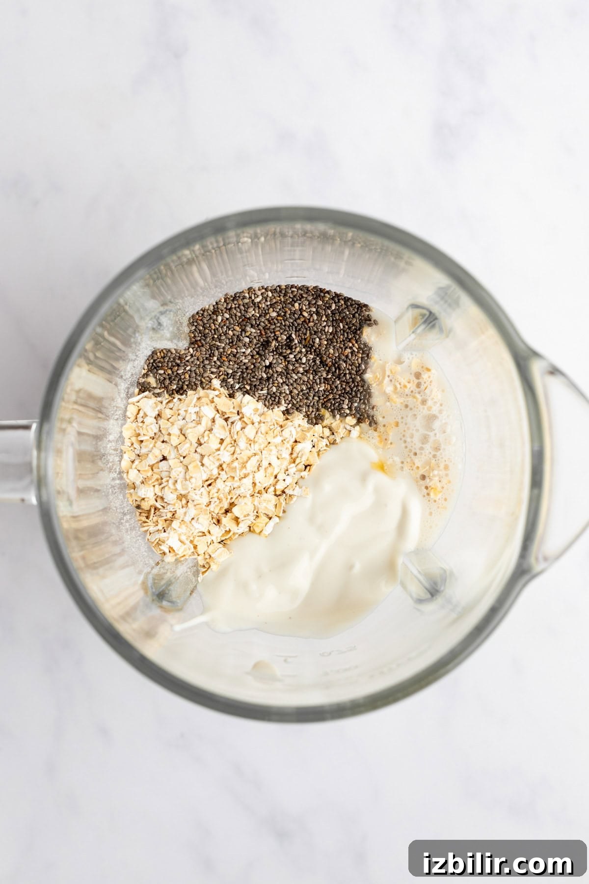 A blender containing chia seeds, oats, a white creamy substance, and liquid viewed from above on a light-colored surface.